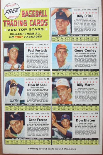 Post Cereal back panel baseball cards 1961