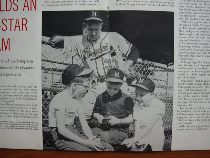 Close-up of GF article featuring Lou Burdette watching his son and boys trading Post cereal cards 