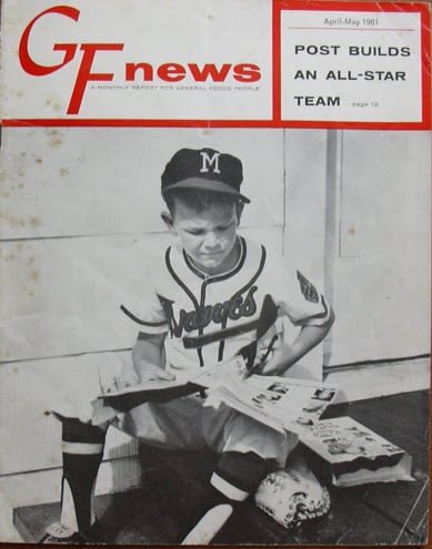 General Foods newsletter cover featuring Braves batboy cutting cards from box