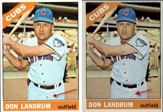 1966 Topps Don Landrum button fly variation