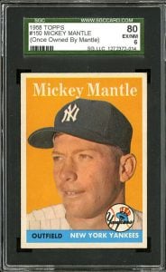1958 Topps card once owned by Mickey Mantle.  The famous ownership raises the value.  (Courtesy of Belltownvintagecards.com)