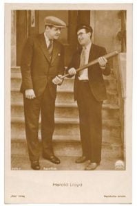 circa 1930 real photo postcard of baseball star Babe Ruth with silent movie star Harold Lloyd