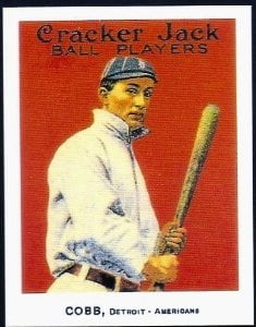 Notice this reprint the borders are so much whiter than the touching white of Ty Cobb's uniform. You can clearly see where the uniform ends and the border begins. A dead giveaway that the card is a reprint.