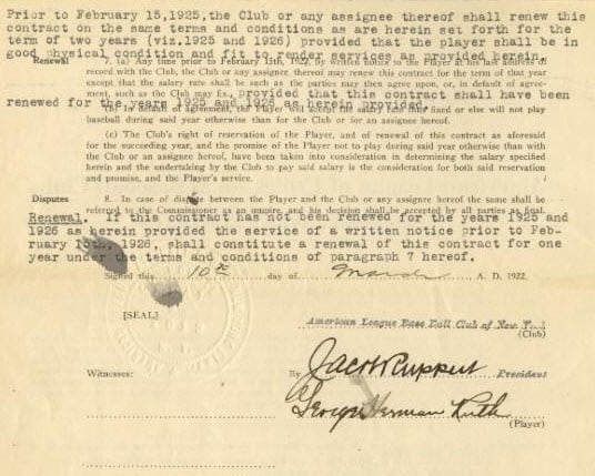 Babe Ruth 1922 contract 