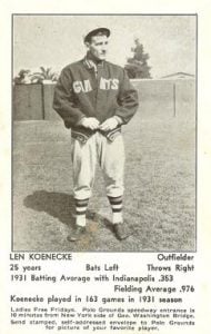 Len Koenecke Giants 1932 schedule postcard