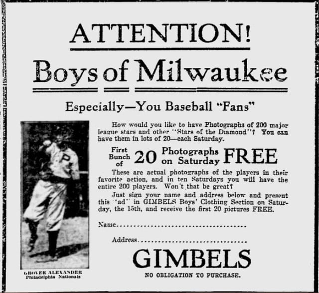 Gimbels 1916 baseball card ad