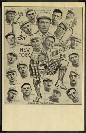 Wildly designed postcard of the 1911 New York Highlanders (Yankees), incorporating cutout photographic heads and sketching.  The large central figure in kilt is Hal Chase. 