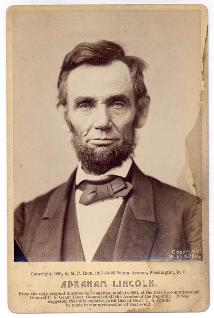 1892 cabinet card of Abraham Lincoln. This is an antique reproduction that was sold commercially to the public.