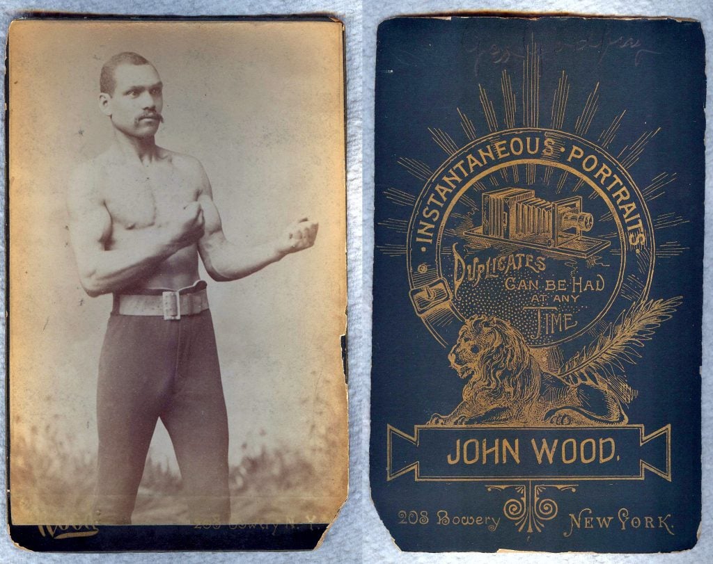 Front and back of a boxing cabinet card by famed photographer John Wood