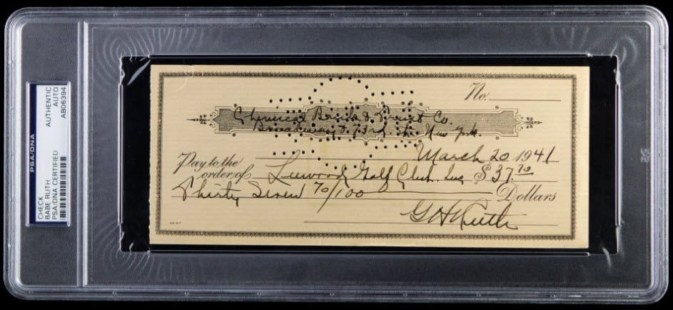 Signed check Babe Ruth