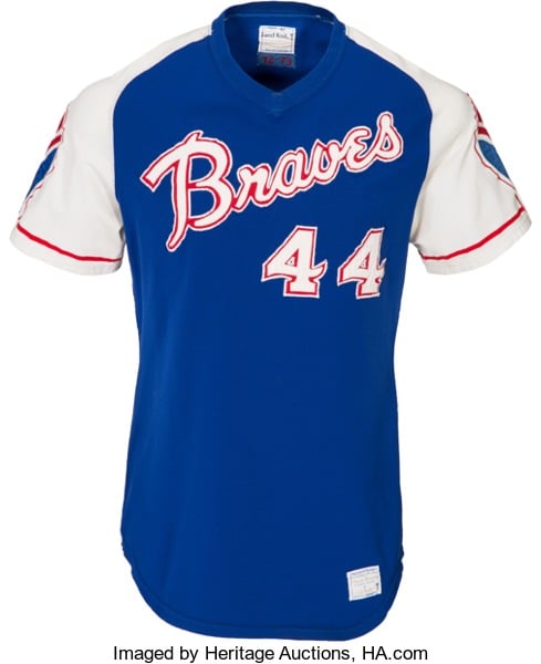 Hank Aaron 1973 game used Braves road jersey