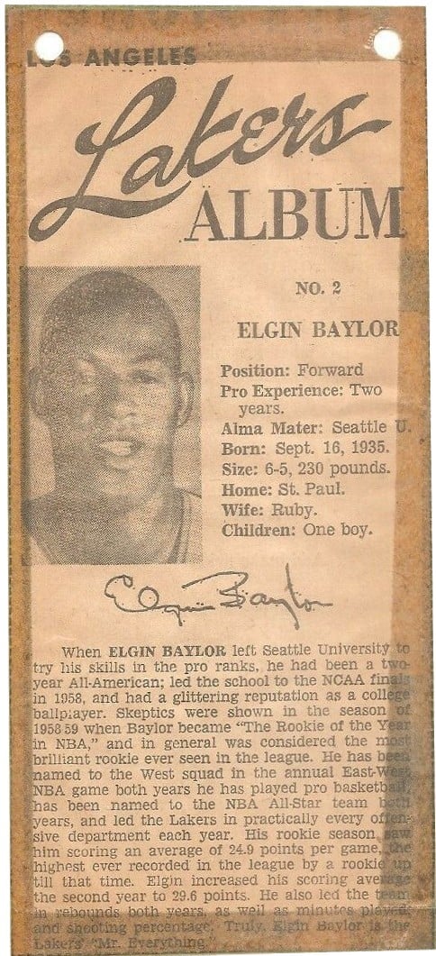1961-62 FLEER #3 ELGIN BAYLOR LOS ANGELES LAKERS ROOKIE REPRINT CARD –